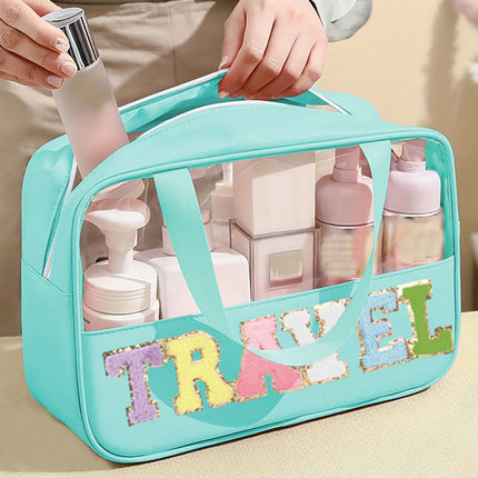 Light Pink TRAVEL Chenille Letter Clear PVC Makeup Bag