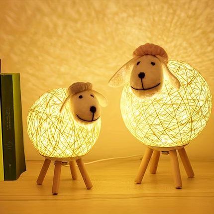 LED Sheep Night with Hand-Woven-Style Lampshade - Cute Kawaii Sheep Bedside Lamp