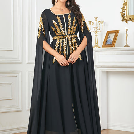 Middle Eastern Fashion Solid Color Sequin Embroidered Waist-Cinching Long Split Sleeve Gown Dress