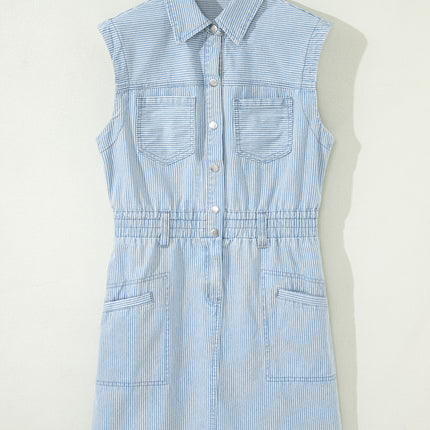 Sky Blue Stripe Collared Button Front Sleeveless Denim Mini Dress