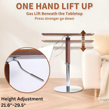 Adjustable Swivel Table with Saddle Leather Cover & Sturdy Metal Legs - Retro Bedside Laptop Desk,