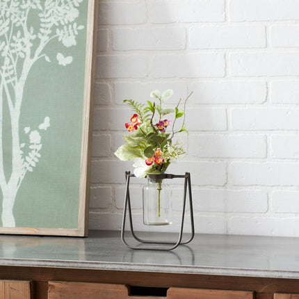 Set of Two Clear And Brown Glass And Metal Round Table Vases
