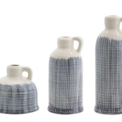 Set of Three Off White And Blue Clay Checkered Jug Vases