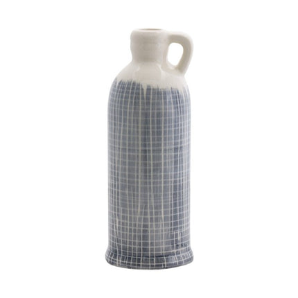Set of Three Off White And Blue Clay Checkered Jug Vases
