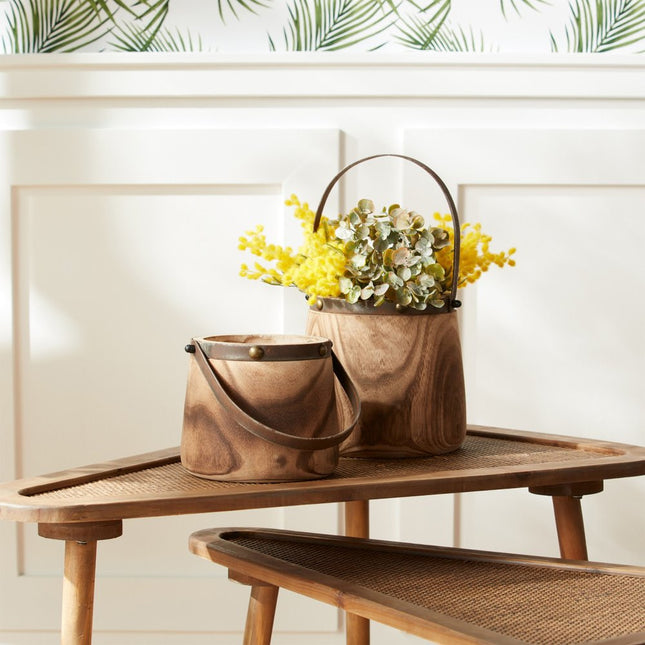 Set of Two Natural Wood And Steel Bucket Pot Planters