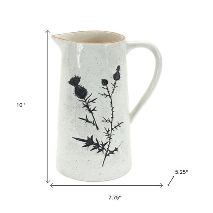 Set of Two Black And Off White Floral Ceramic Cylinder Pitcher Vase
