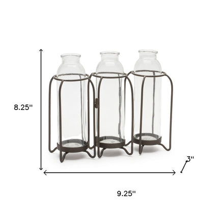 8" Black And Clear Glass And Metal Triple Test Tube Table Vase