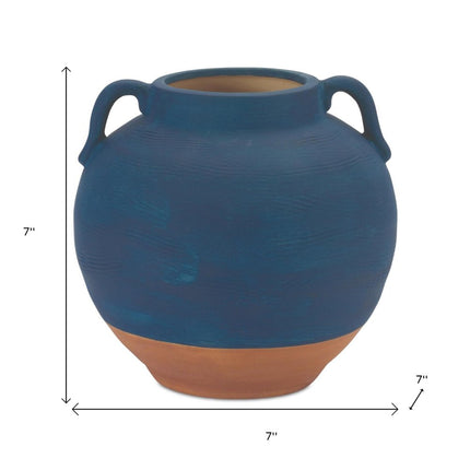 7" Blue And Terra Cotta Ceramic Round Urn
