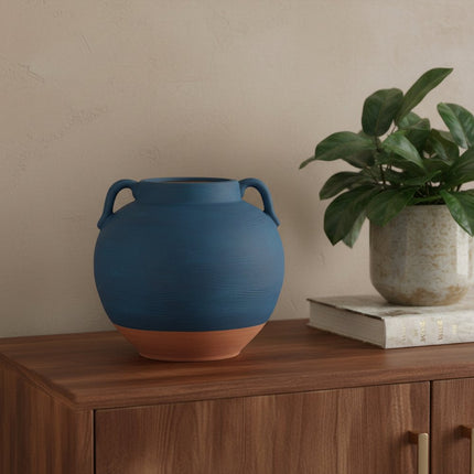 7" Blue And Terra Cotta Ceramic Round Urn