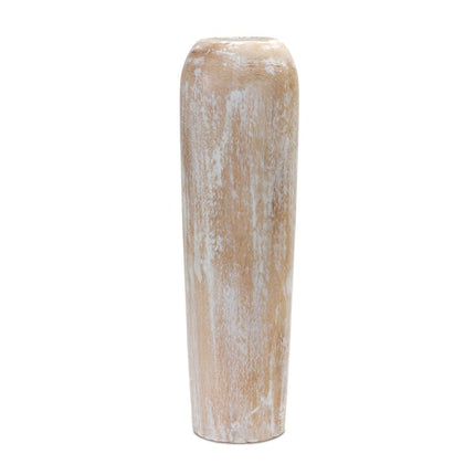 24" Brown And White Round Wood Floor Vase