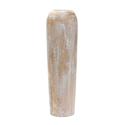 24" Brown And White Round Wood Floor Vase