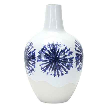 11" White And Blue Geometric Medallion Ceramic Urn Vase
