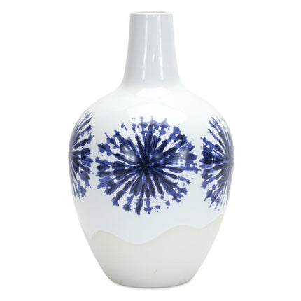 11" White And Blue Geometric Medallion Ceramic Urn Vase