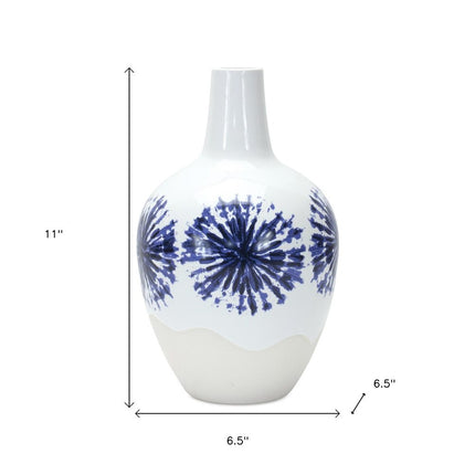 11" White And Blue Geometric Medallion Ceramic Urn Vase