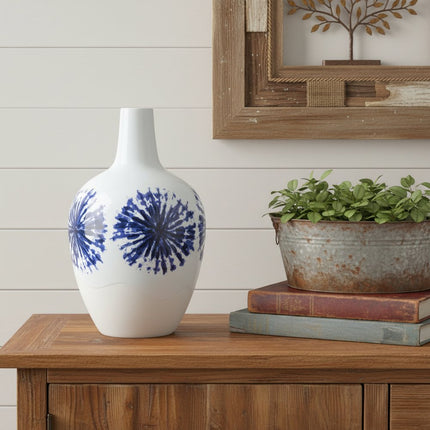 11" White And Blue Geometric Medallion Ceramic Urn Vase