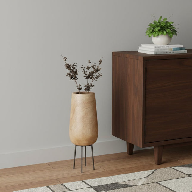 15" Natural Wood And Metal Cylinder Floor Vase