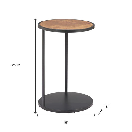 25" Brown and Black Wood and Iron Round Pedestal End Table