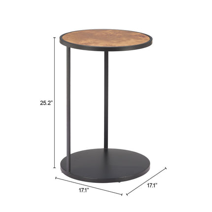 25" Brown and Black Wood and Iron Round Pedestal End Table