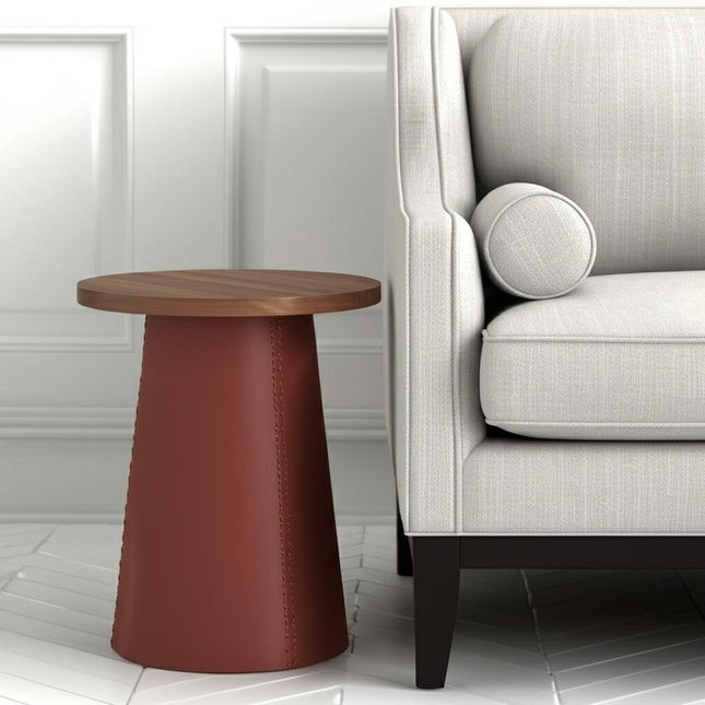 23" Brown Wood and Faux Leather Round Pedestal End Table