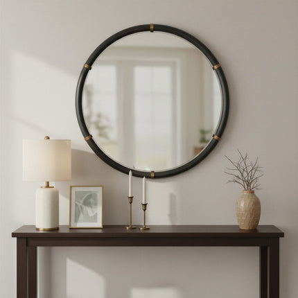 39" Black Solid Wood Round Freestanding And Leaning Framed Accent Mirror