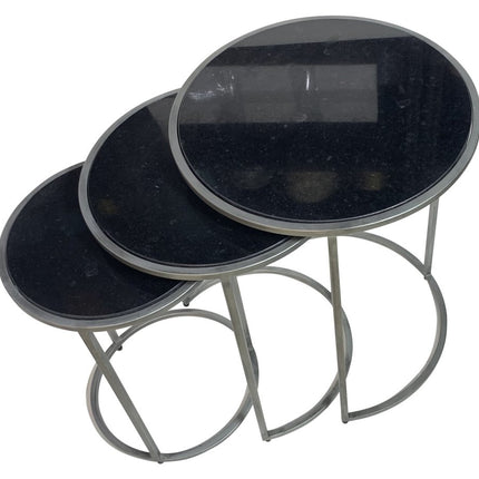 Set of Three Black and Gray Marble and Iron Round Frame Nested Tables
