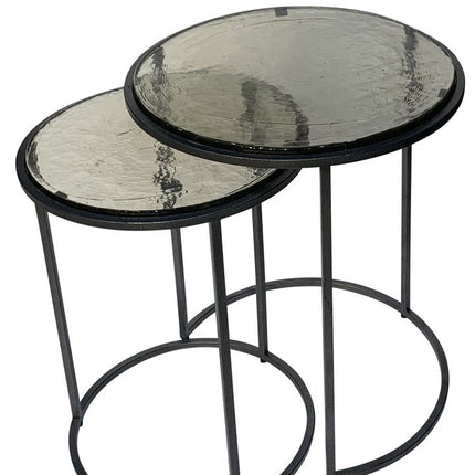 Set of Two Clear and Gunmetal Glass and Iron Round Frame Nested Tables