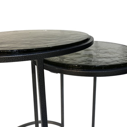 Set of Two Clear and Gunmetal Glass and Iron Round Frame Nested Tables