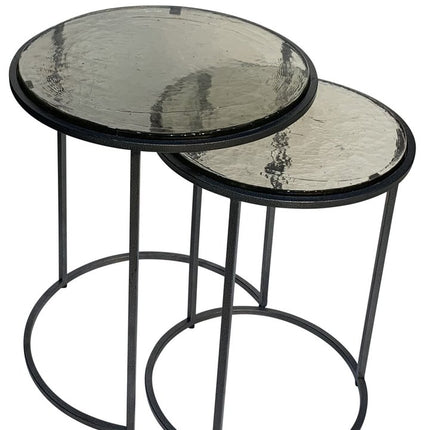 Set of Two Clear and Gunmetal Glass and Iron Round Frame Nested Tables