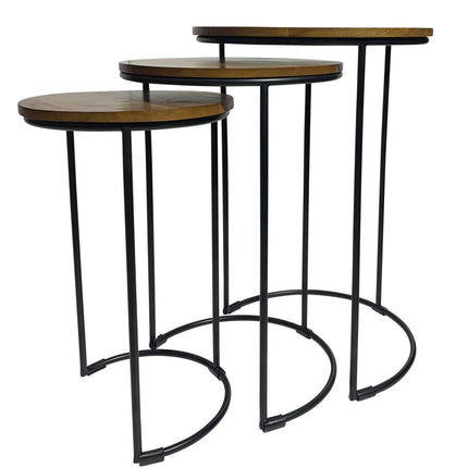 Set of Two Chestnut and Black Solid Wood and Metal Round Frame Nested Tables