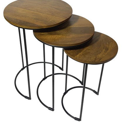 Set of Two Chestnut and Black Solid Wood and Metal Round Frame Nested Tables