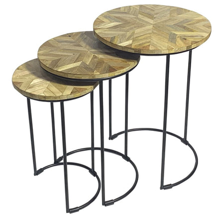 Set of Two Natural and Black Solid Wood and Metal Round Frame Nested Tables