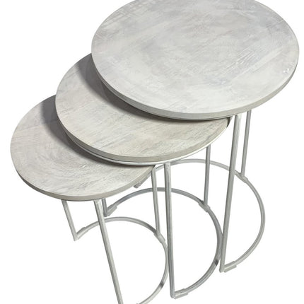 Set of Two White Solid Wood and Metal Round Frame Nested Tables