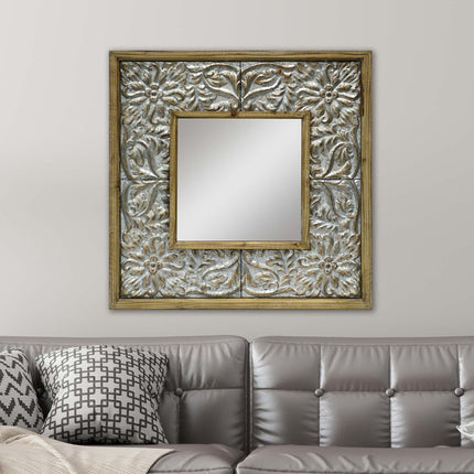39" Light Brown Wood Square Accent Mirror