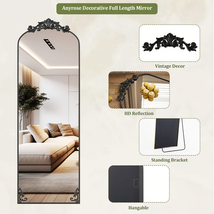 Full Length Mirror, 64"x21" Floor Mirror Freestanding With Carved Metal Frame & Bottom Art Carved,
