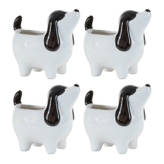 Set of Four Black And White Polyresin Dog Planters