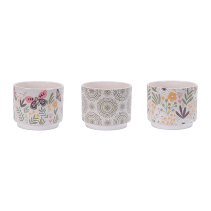 Set of Three Green Pink And White Ceramic 1 Ounce Leaf Round Pot Planters