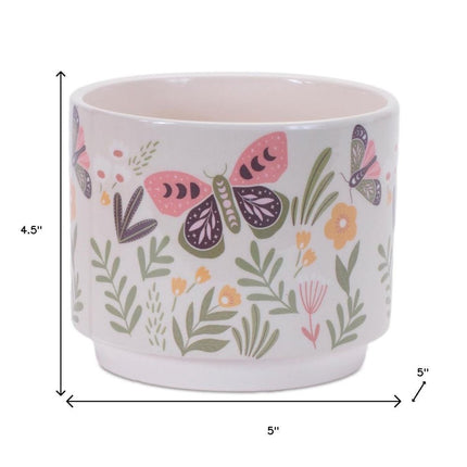 Set of Three Green Pink And White Ceramic 1 Ounce Leaf Round Pot Planters