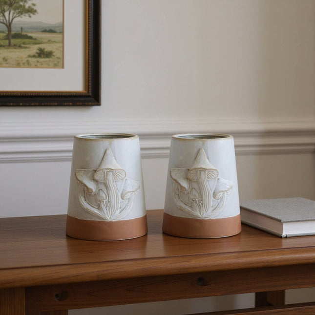 Set of Two Brown And Gray Porcelain 1 Ounce Two Toned Round Pot Planters