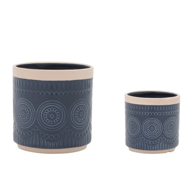 Set of Two Beige And Blue Ceramic 1 Ounce Geometric Round Pot Planters