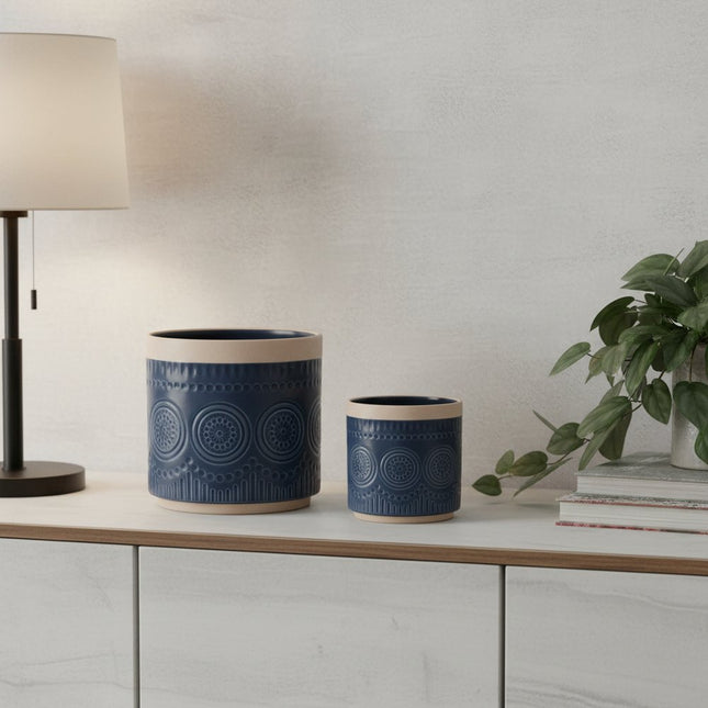 Set of Two Beige And Blue Ceramic 1 Ounce Geometric Round Pot Planters