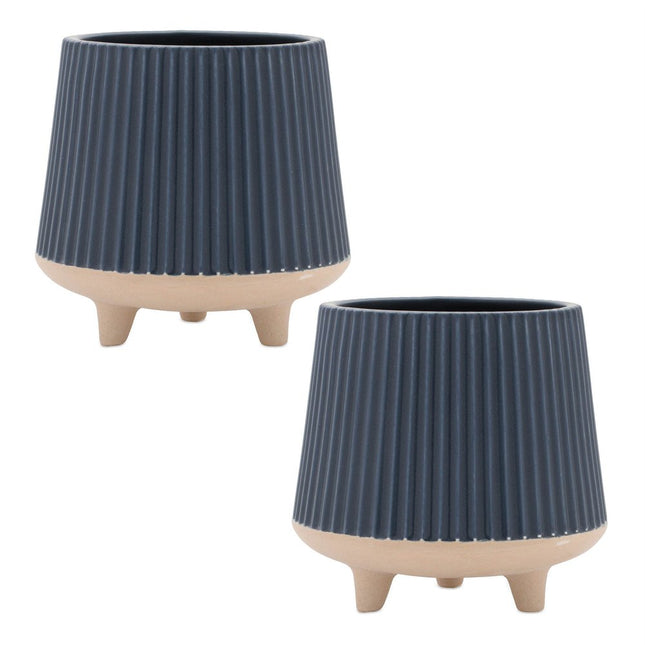 Set of Two Blue And Beige Ceramic 1 Ounce Geometric Round Pot Planters