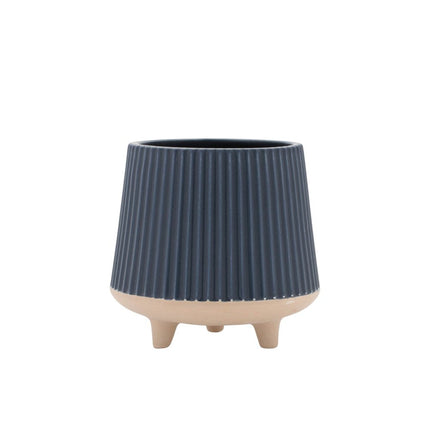 Set of Two Blue And Beige Ceramic 1 Ounce Geometric Round Pot Planters