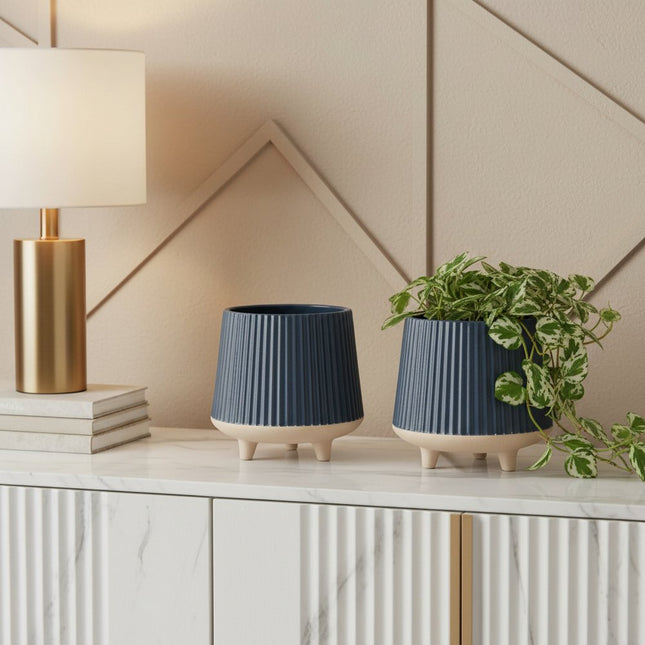 Set of Two Blue And Beige Ceramic 1 Ounce Geometric Round Pot Planters