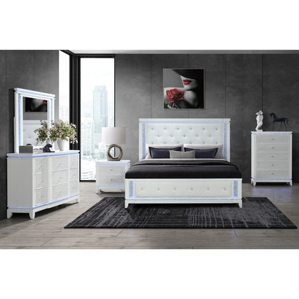 White Faux Crystal Bling Wood And Tufted Cotton Lighted King Bed Frame