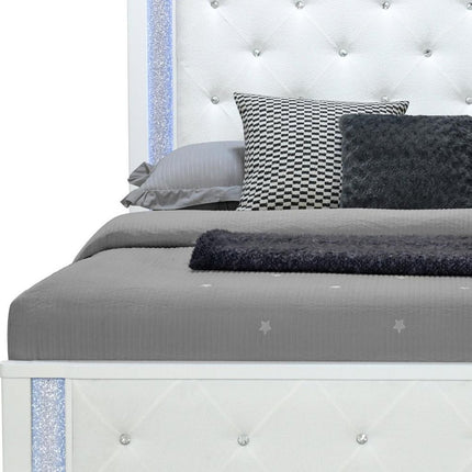 White Faux Crystal Bling Wood And Tufted Cotton Lighted King Bed Frame