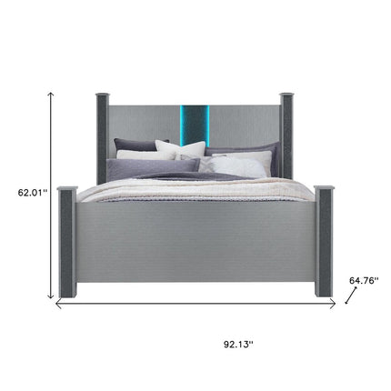 Silver Wood And Faux Crystals Lighted Queen Four Poster Bed Frame