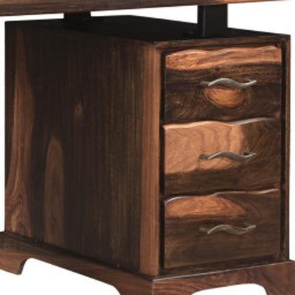 68" Dark Brown Solid Wood Writing Desk and Bookshelf Set With Four Drawers