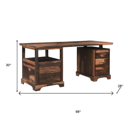 68" Dark Brown Solid Wood Writing Desk and Bookshelf Set With Four Drawers