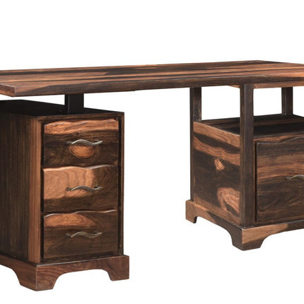 68" Dark Brown Solid Wood Writing Desk and Bookshelf Set With Four Drawers