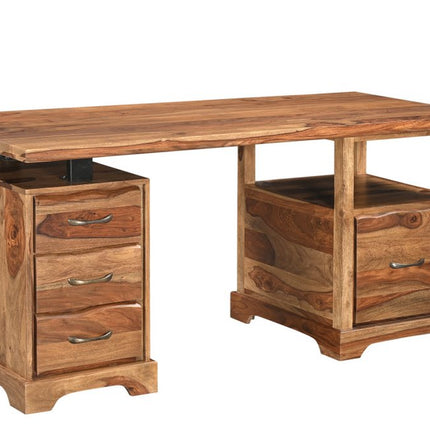 68" Brown Solid Wood Writing Desk and Bookshelf Set With Four Drawers